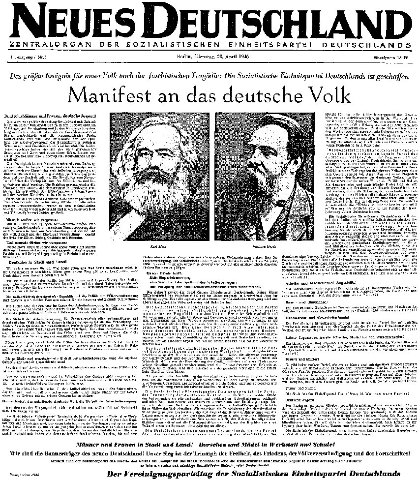 Zeitung: Titelblatt der Erstausgabe des Neuen Deutschland vom 23. April 1946